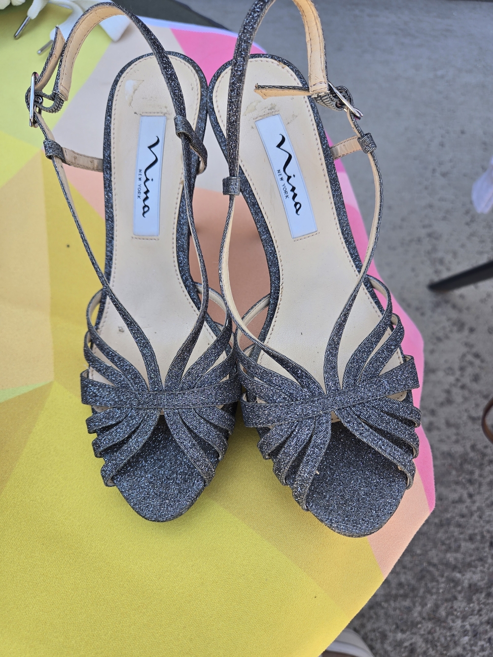 Nina Silver Glitter Strappy Slingback Heels Size 6